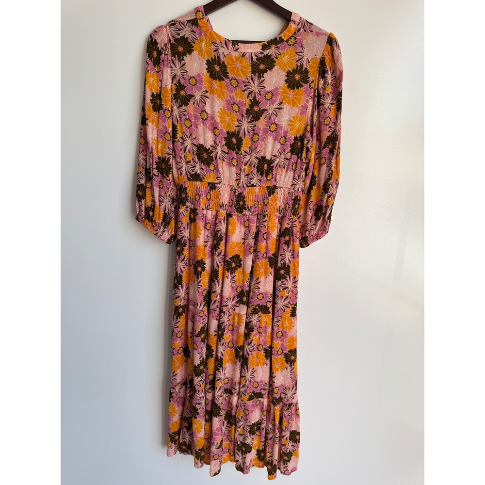 Baltic Born Floral Smocked Midi Dress Pink Orange Retro Boho Medium Flare Relax